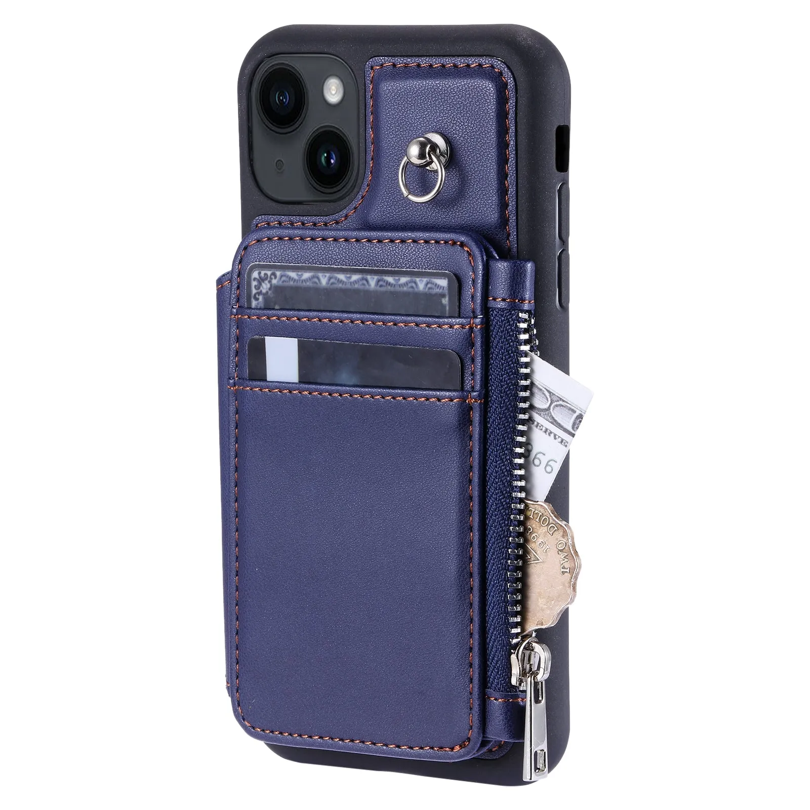 009 Cell Phone Case for iPhone 15 Plus , Kickstand Zipper Wallet RFID Blocking PU TPU Cover with Strap