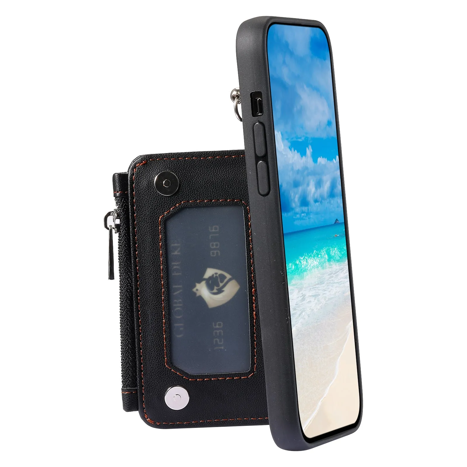 009 Cell Phone Case for iPhone 15 Plus , Kickstand Zipper Wallet RFID Blocking PU TPU Cover with Strap