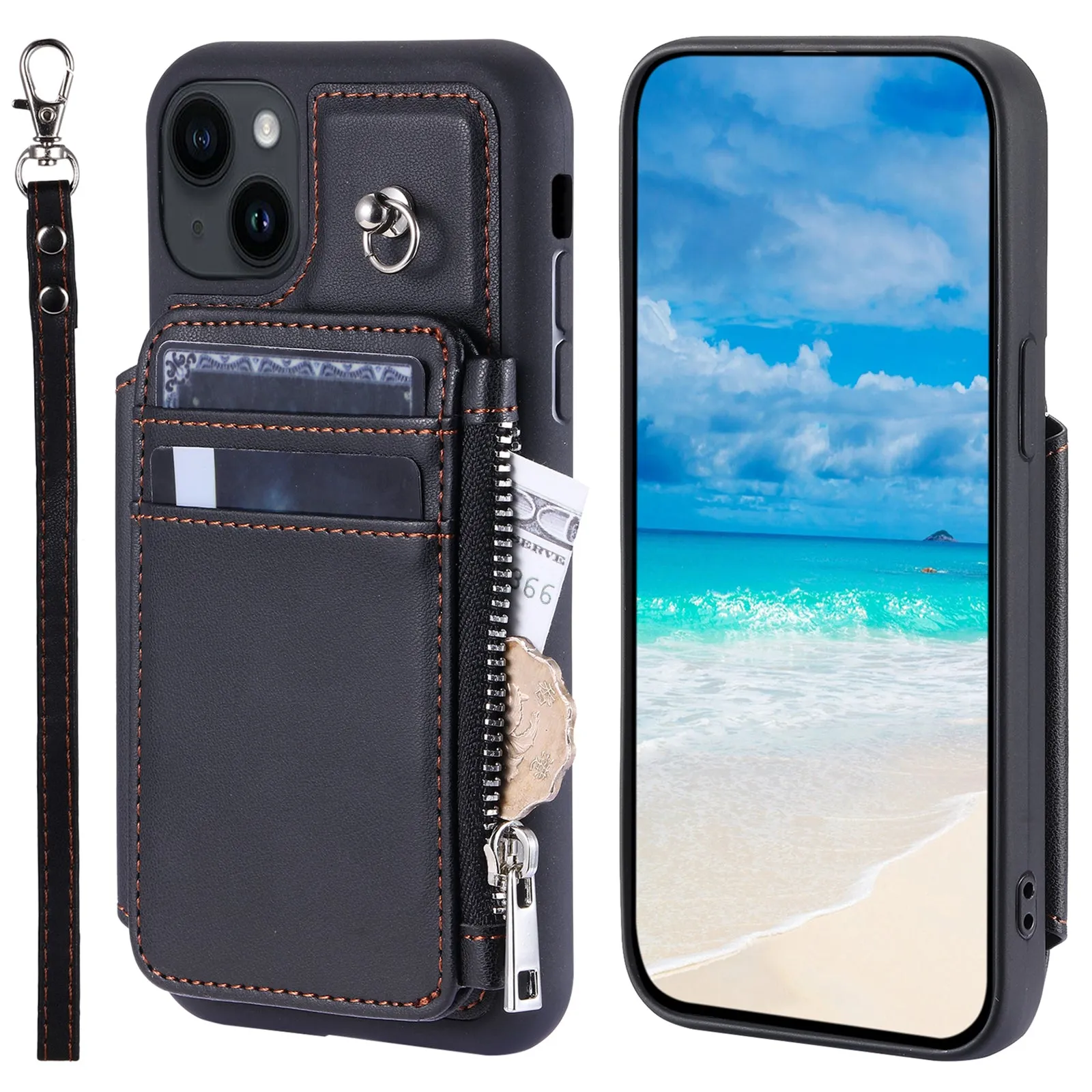 009 Cell Phone Case for iPhone 15 Plus , Kickstand Zipper Wallet RFID Blocking PU TPU Cover with Strap