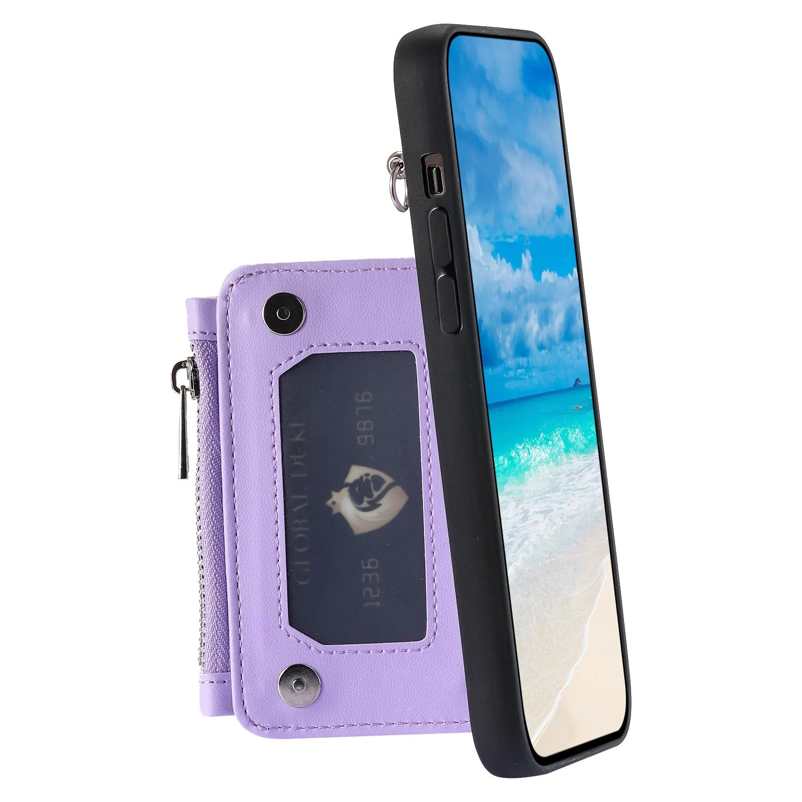 009 Cell Phone Case for iPhone 15 Plus , Kickstand Zipper Wallet RFID Blocking PU TPU Cover with Strap