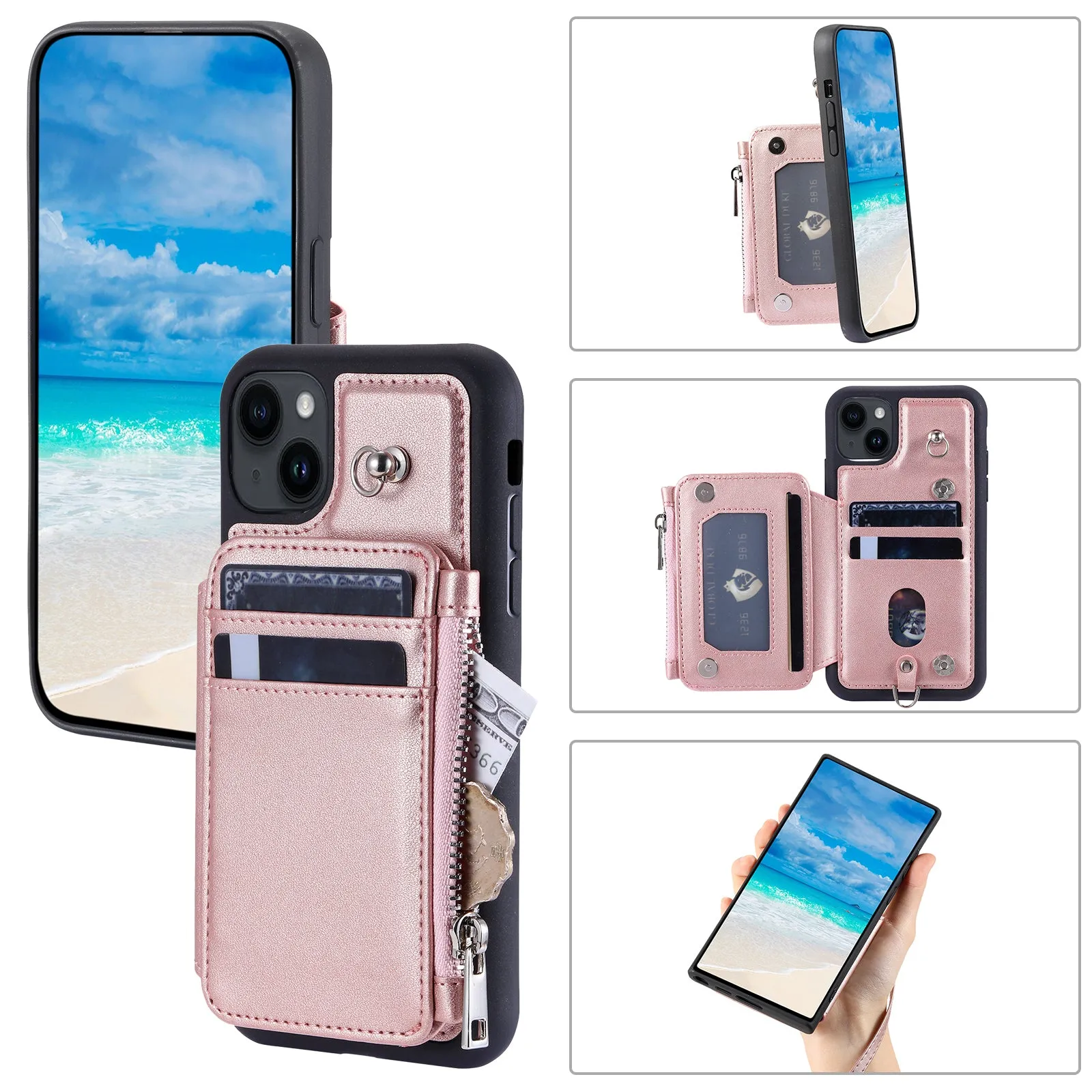 009 Cell Phone Case for iPhone 15 Plus , Kickstand Zipper Wallet RFID Blocking PU TPU Cover with Strap