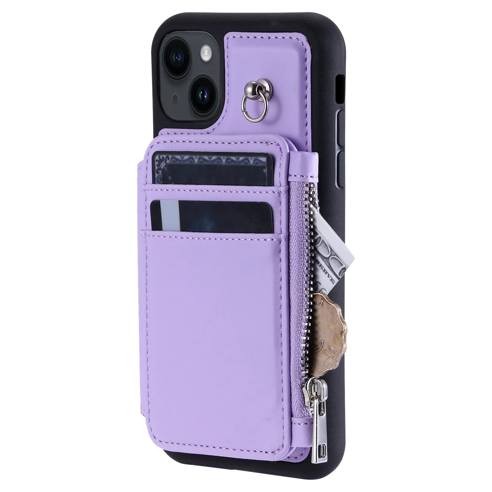 009 Cell Phone Case for iPhone 15 Plus , Kickstand Zipper Wallet RFID Blocking PU TPU Cover with Strap