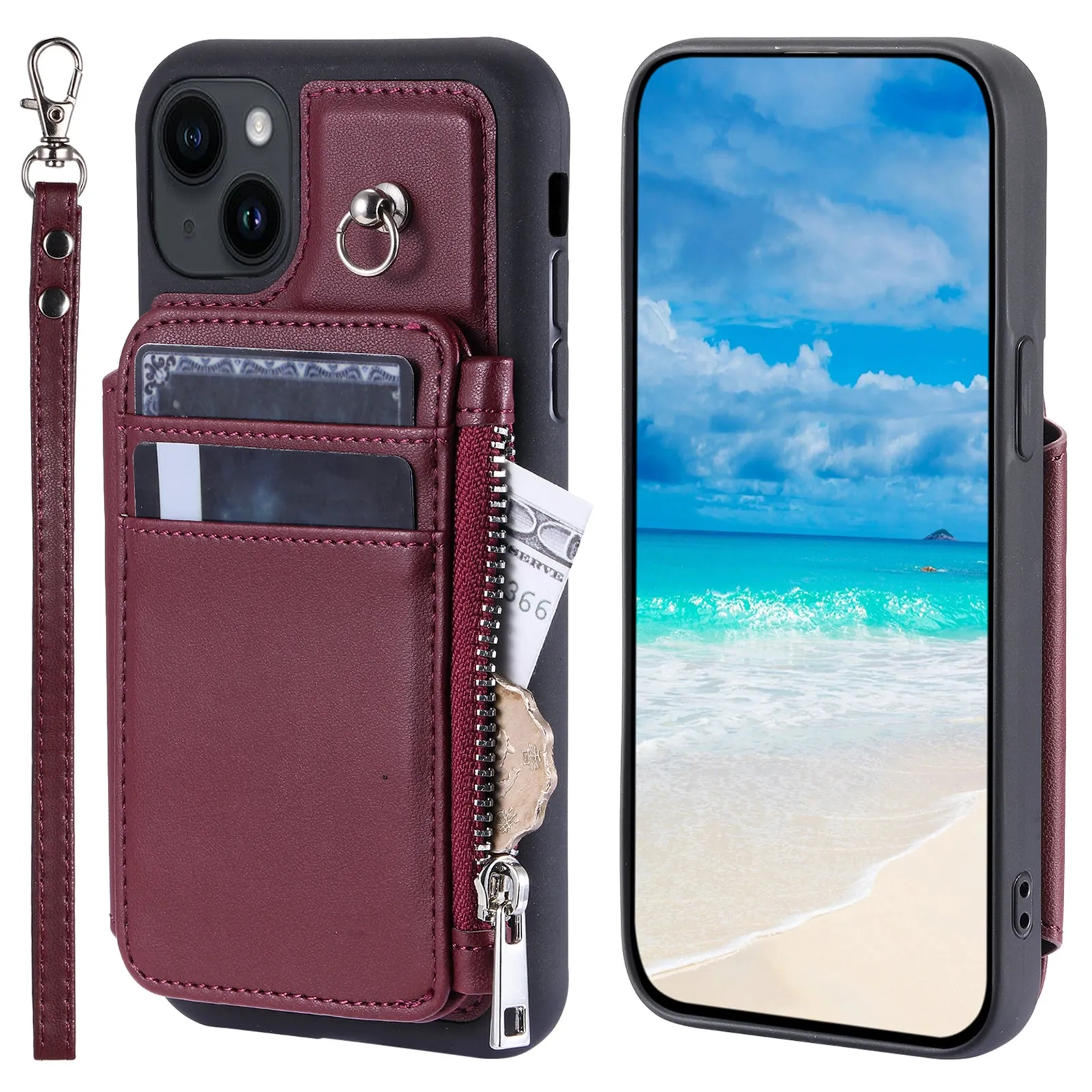 009 Cell Phone Case for iPhone 15 Plus , Kickstand Zipper Wallet RFID Blocking PU TPU Cover with Strap