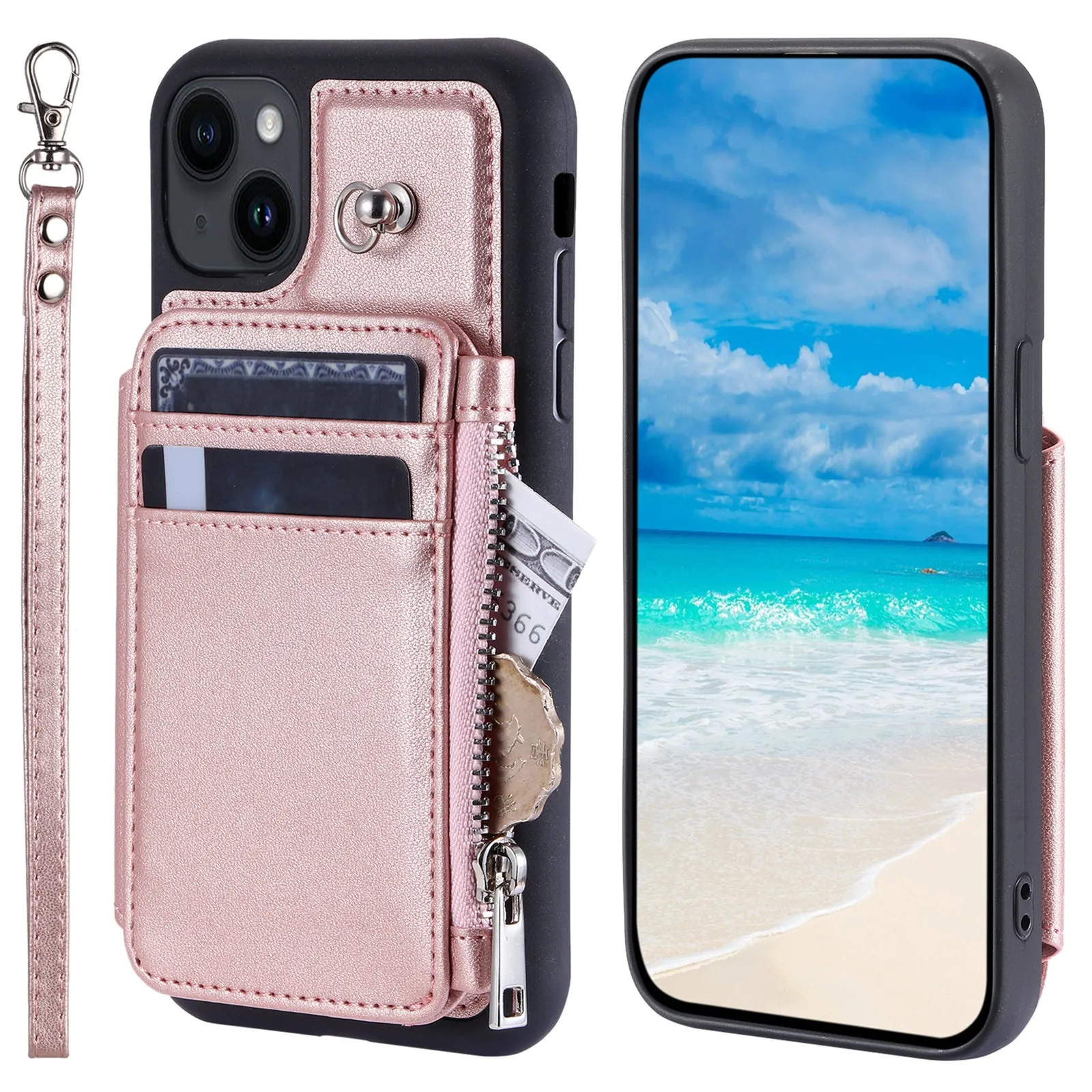 009 Cell Phone Case for iPhone 15 Plus , Kickstand Zipper Wallet RFID Blocking PU TPU Cover with Strap