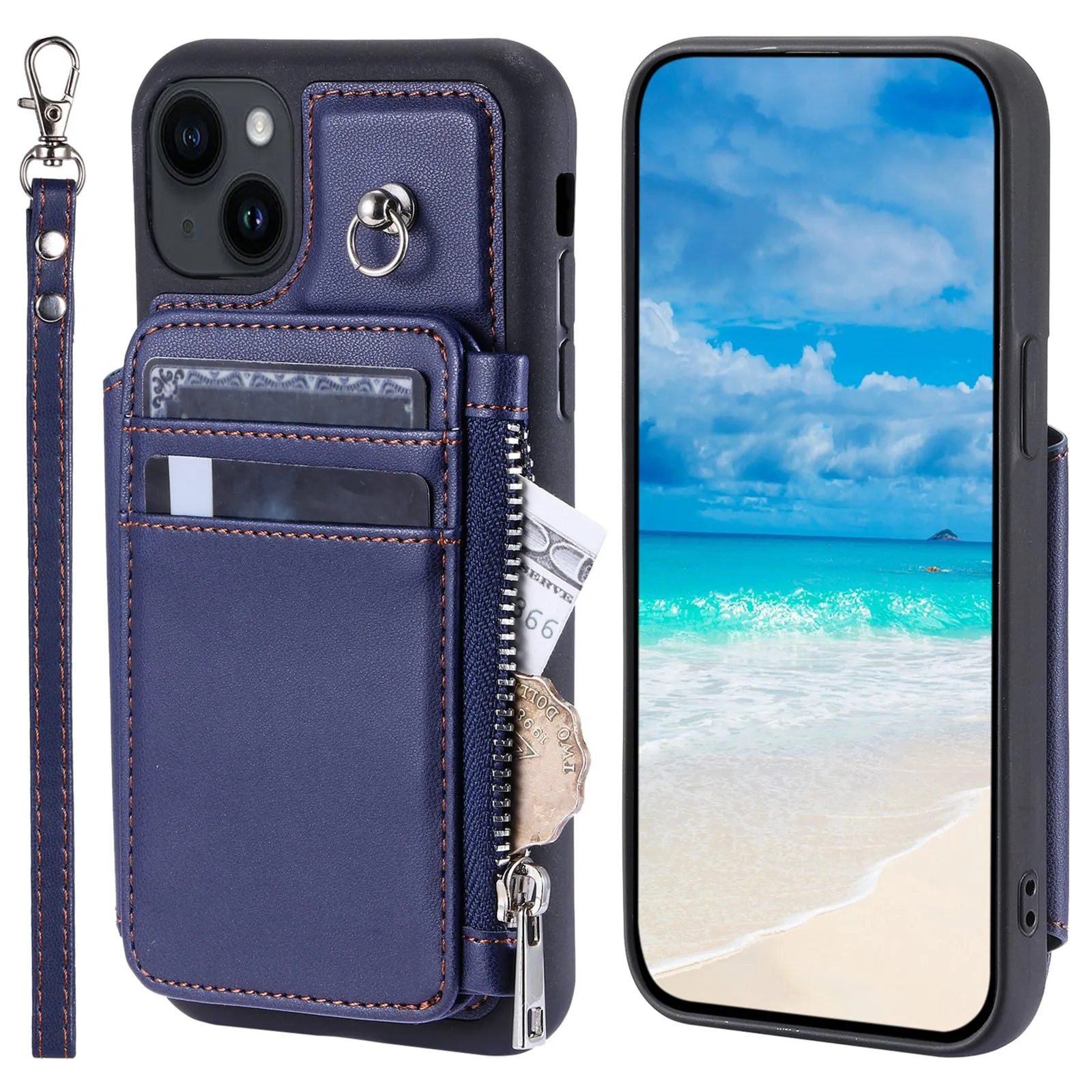 009 Cell Phone Case for iPhone 15 Plus , Kickstand Zipper Wallet RFID Blocking PU TPU Cover with Strap