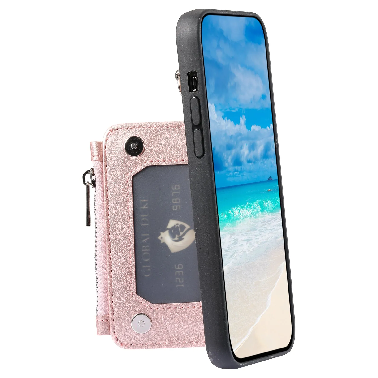 009 Cell Phone Case for iPhone 15 Plus , Kickstand Zipper Wallet RFID Blocking PU TPU Cover with Strap