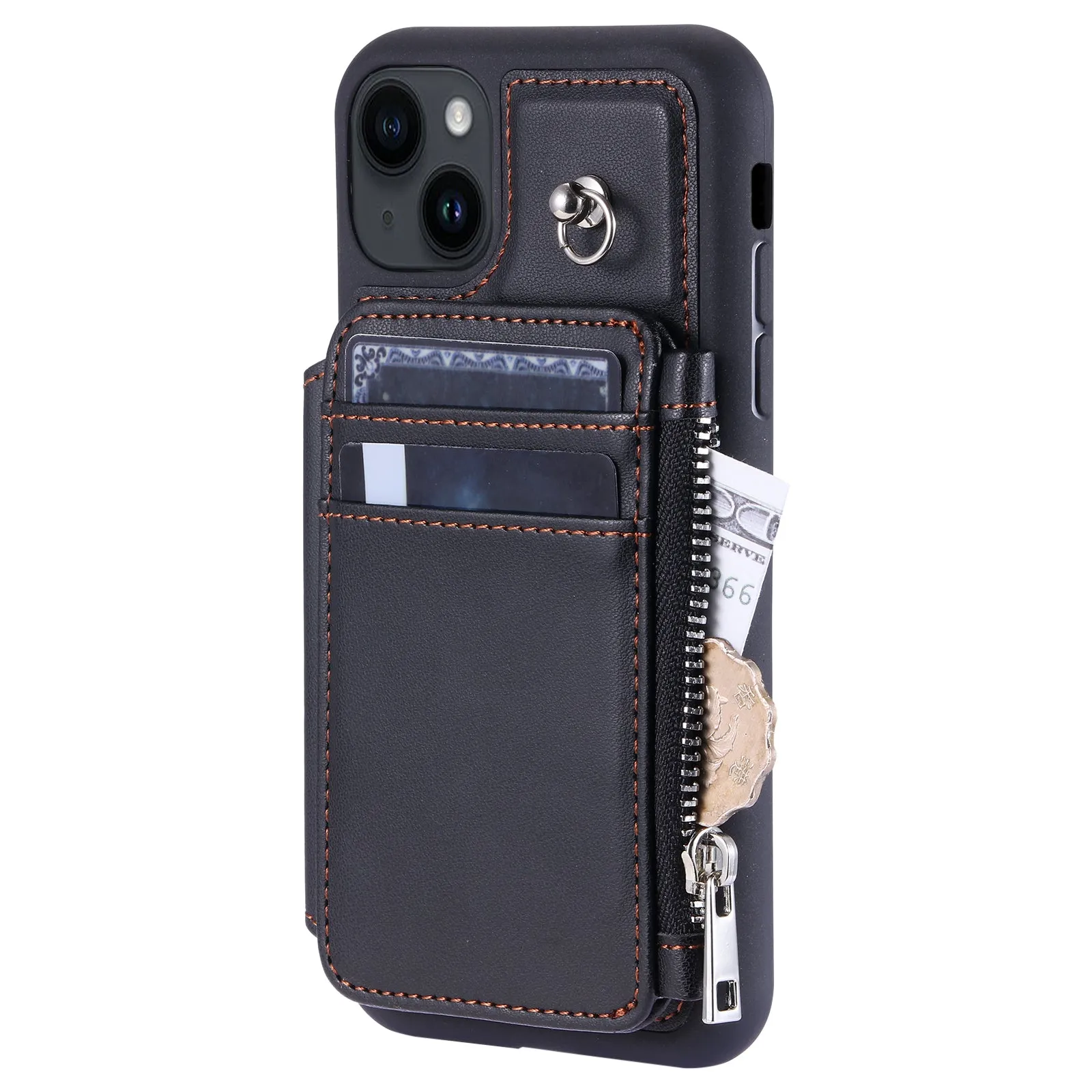 009 Cell Phone Case for iPhone 15 Plus , Kickstand Zipper Wallet RFID Blocking PU TPU Cover with Strap