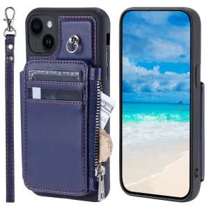 009 Cell Phone Case for iPhone 15 Plus , Kickstand Zipper Wallet RFID Blocking PU TPU Cover with Strap