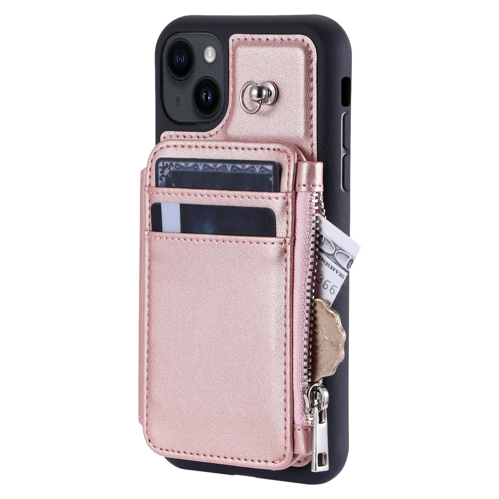 009 Cell Phone Case for iPhone 15 Plus , Kickstand Zipper Wallet RFID Blocking PU TPU Cover with Strap