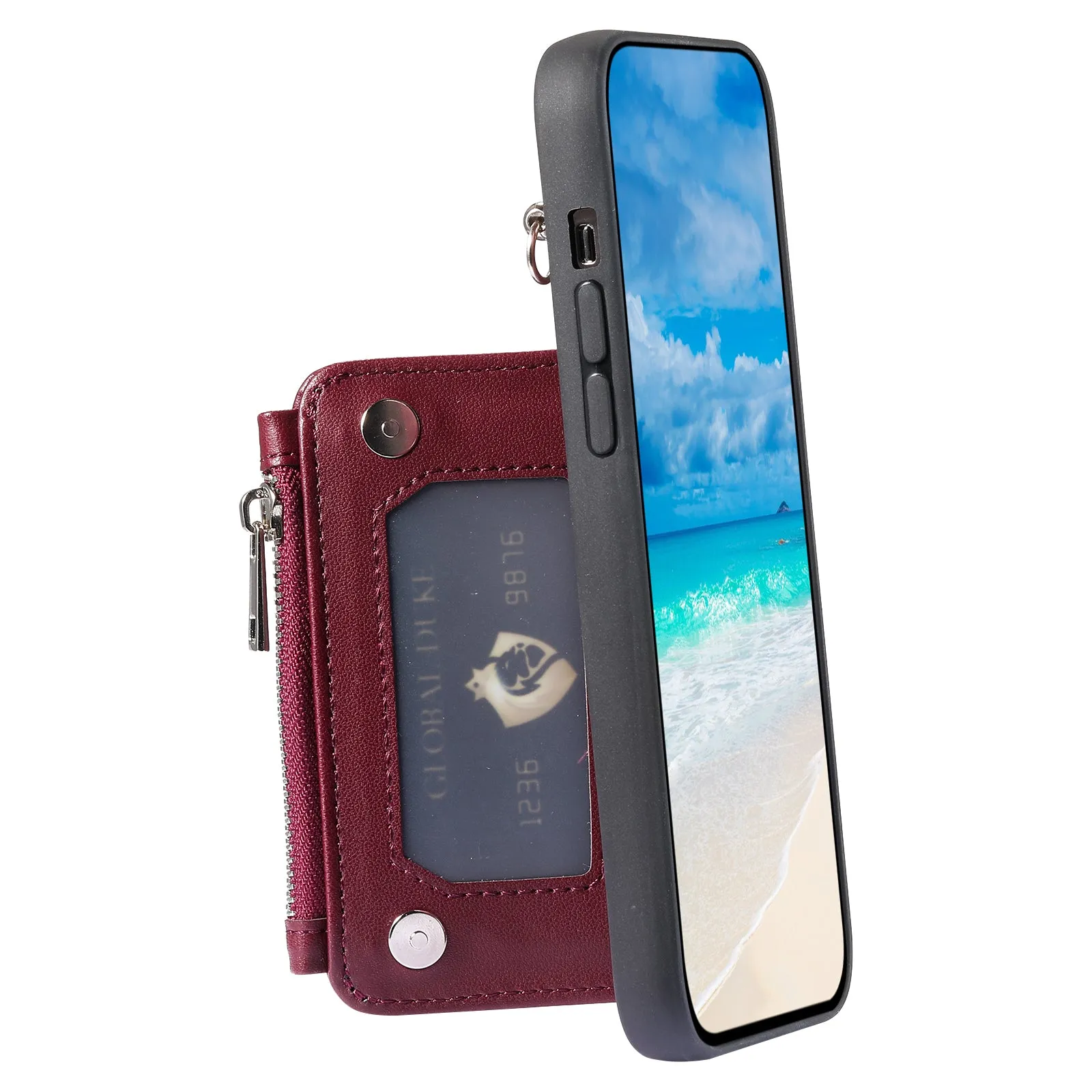 009 Cell Phone Case for iPhone 15 Plus , Kickstand Zipper Wallet RFID Blocking PU TPU Cover with Strap