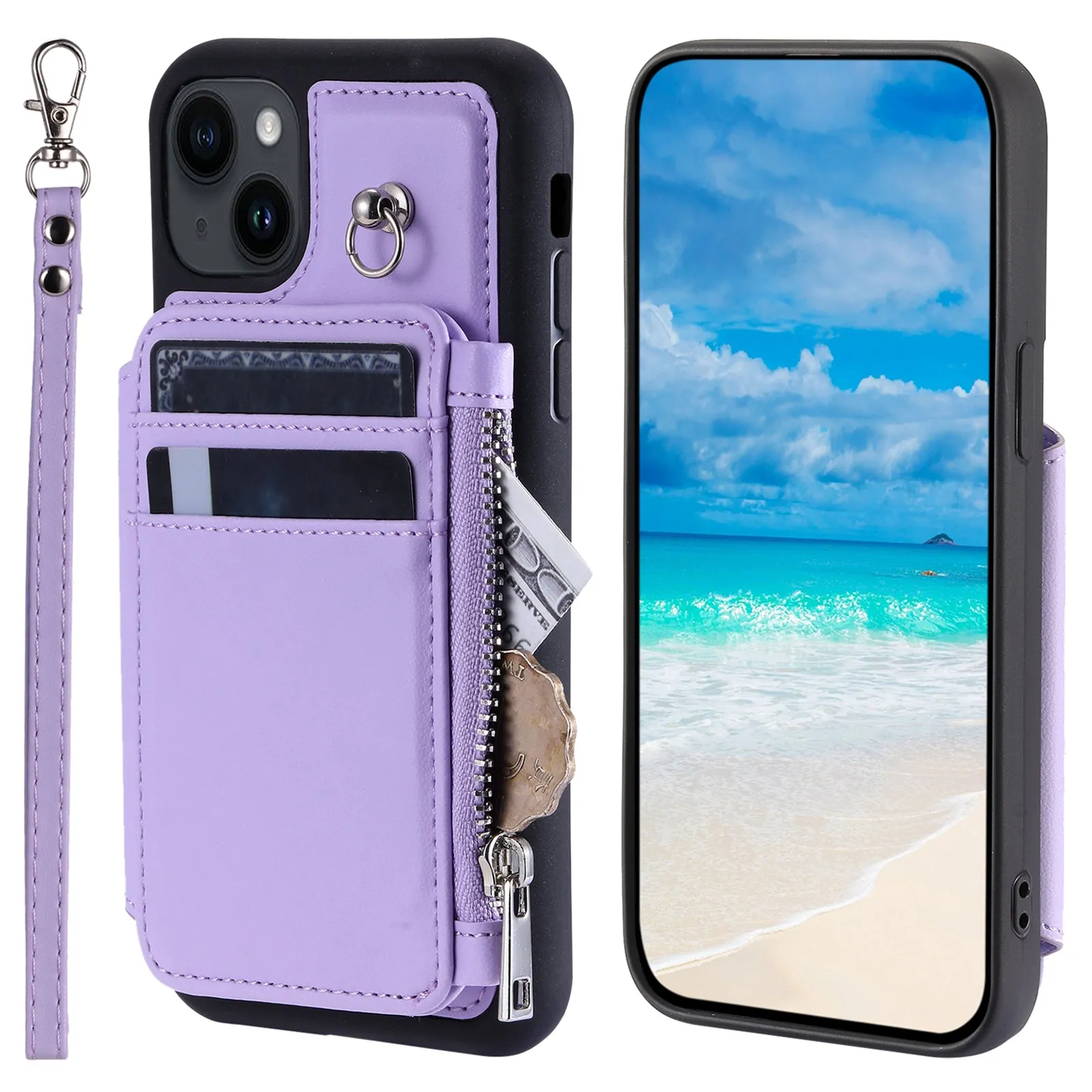 009 Cell Phone Case for iPhone 15 Plus , Kickstand Zipper Wallet RFID Blocking PU TPU Cover with Strap