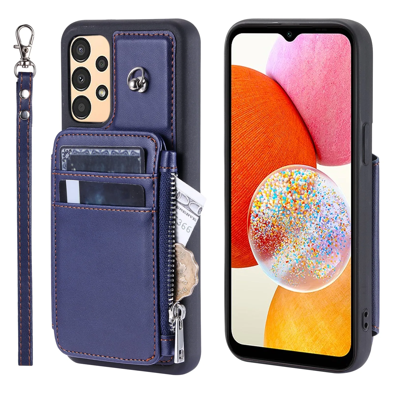 009 Phone Case for Samsung Galaxy A14 4G / 5G , RFID Blocking PU TPU Anti-drop Cover Kickstand Zipper Wallet Shell with Strap