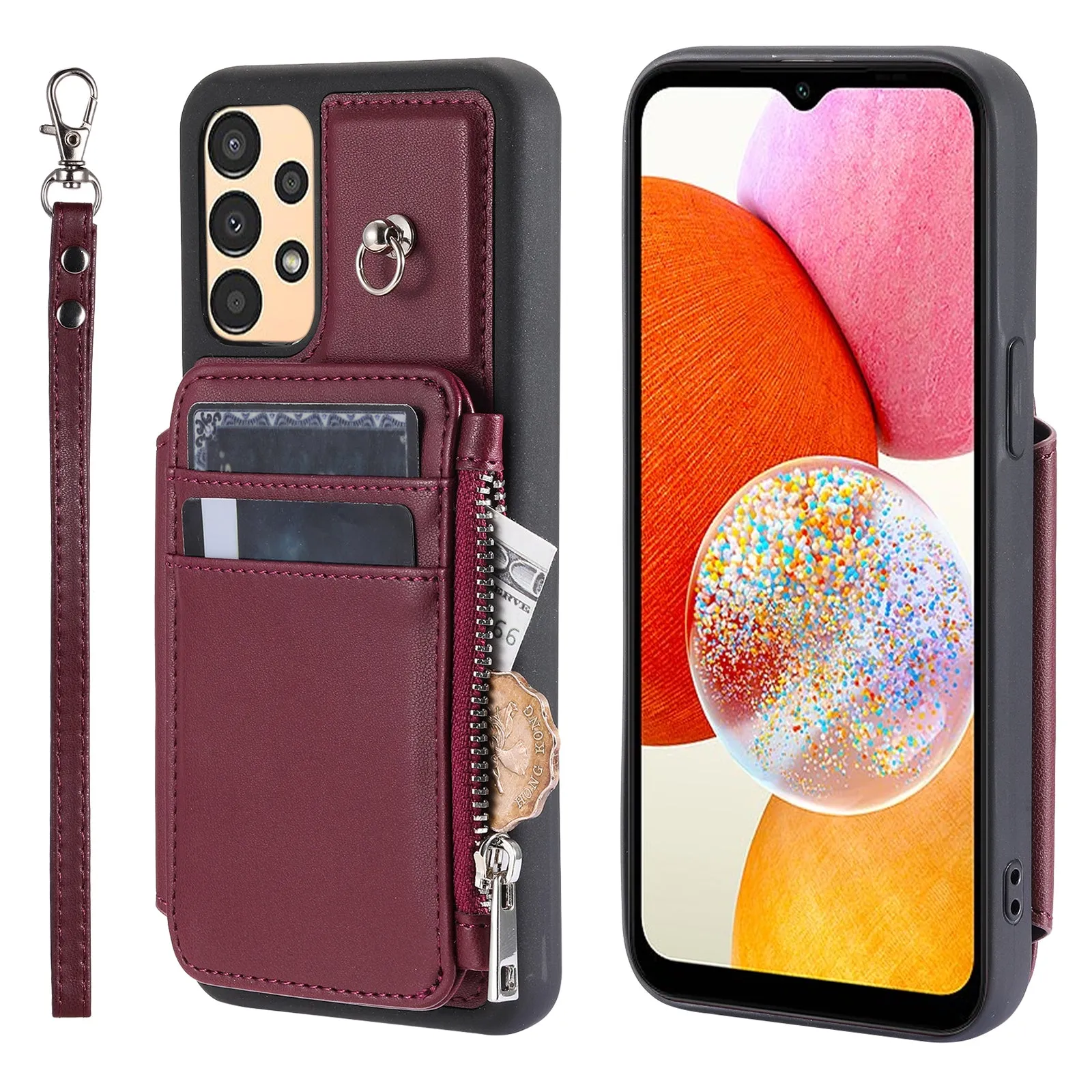 009 Phone Case for Samsung Galaxy A14 4G / 5G , RFID Blocking PU TPU Anti-drop Cover Kickstand Zipper Wallet Shell with Strap