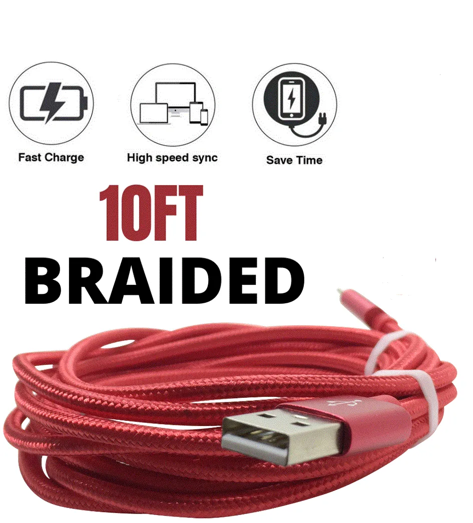 10Ft Braided USB Charger Cable Compatible for Iphone