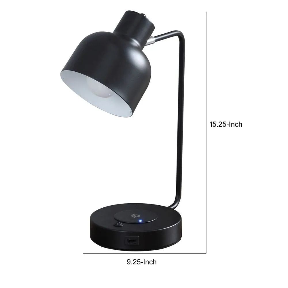 15 Inch Metal Table Lamp, Adjustable Shade, Wireless Charging, Black By Casagear Home