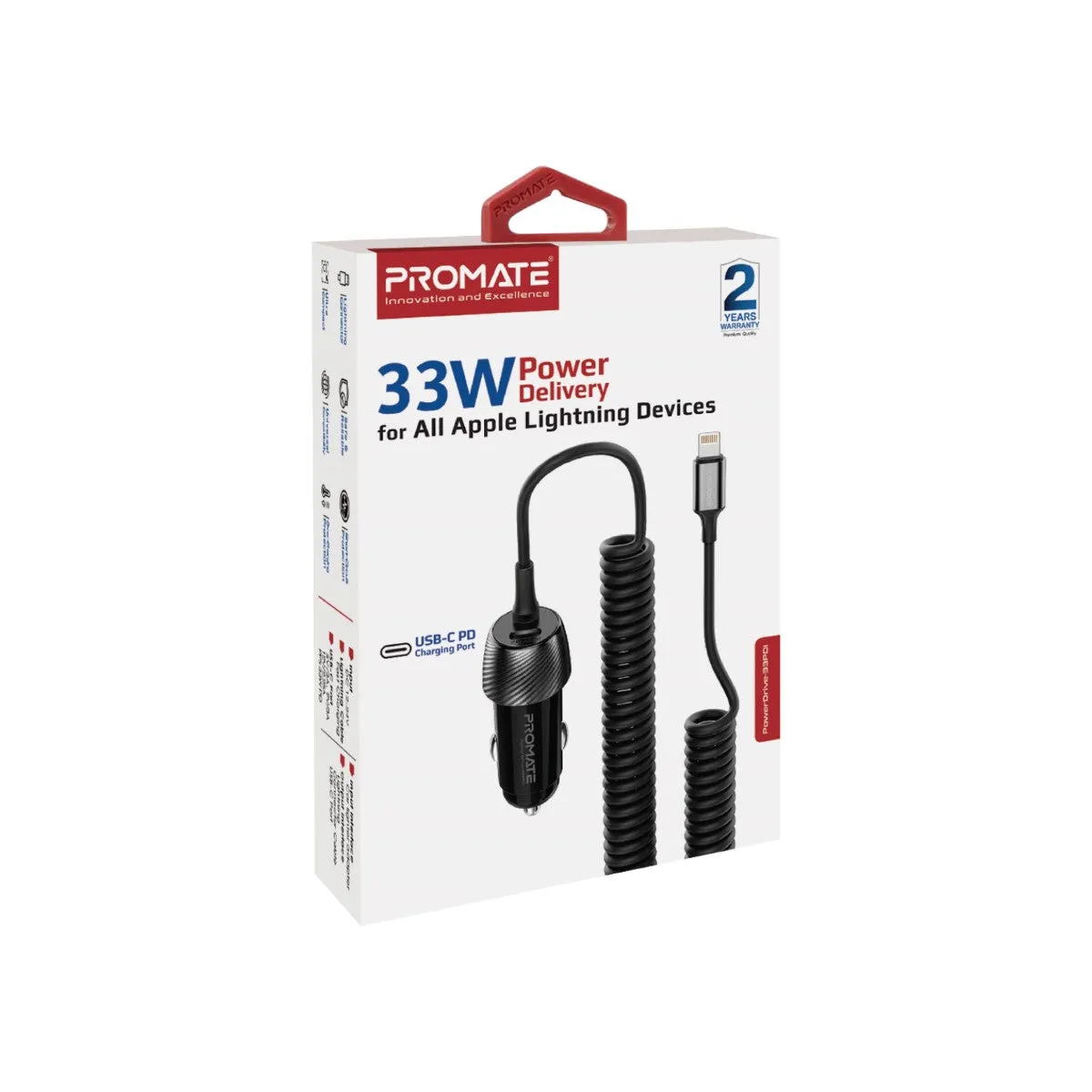 33W Quick Charging Car Charger with Lightning Connector Cable