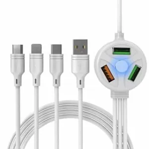 6 In 1 Extended Fast Charging USB Data Cable 3 Plug And 3 USB Port For iPhone Android Type C Charger Micro Lightning Type C  USB Port 3.1 A (Max)