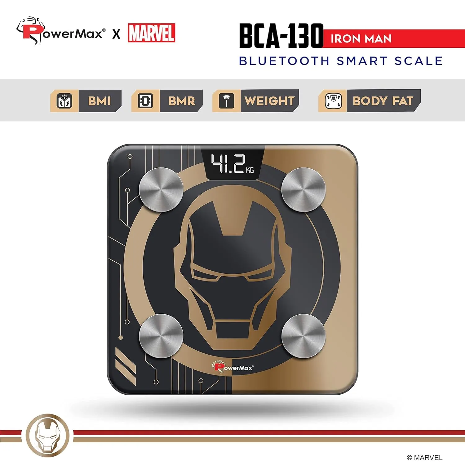 BCA-130 Marvel Edition Iron Man Series Digital Weight Machine for Human Body - High Accuracy Bathroom Weighing Scale with Step-on Technology & Super Durable 6mm Tempered Glass