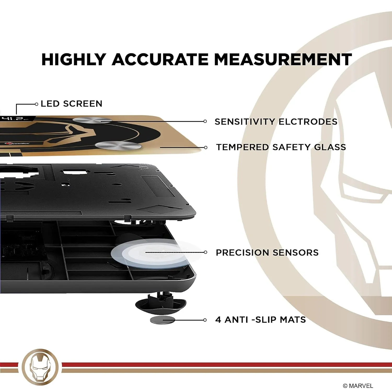 BCA-130 Marvel Edition Iron Man Series Digital Weight Machine for Human Body - High Accuracy Bathroom Weighing Scale with Step-on Technology & Super Durable 6mm Tempered Glass