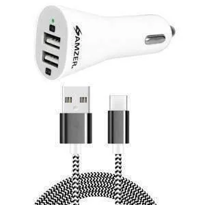 Combo Pack USB Type C Braid Cable Black, Dual USB Car Charger White