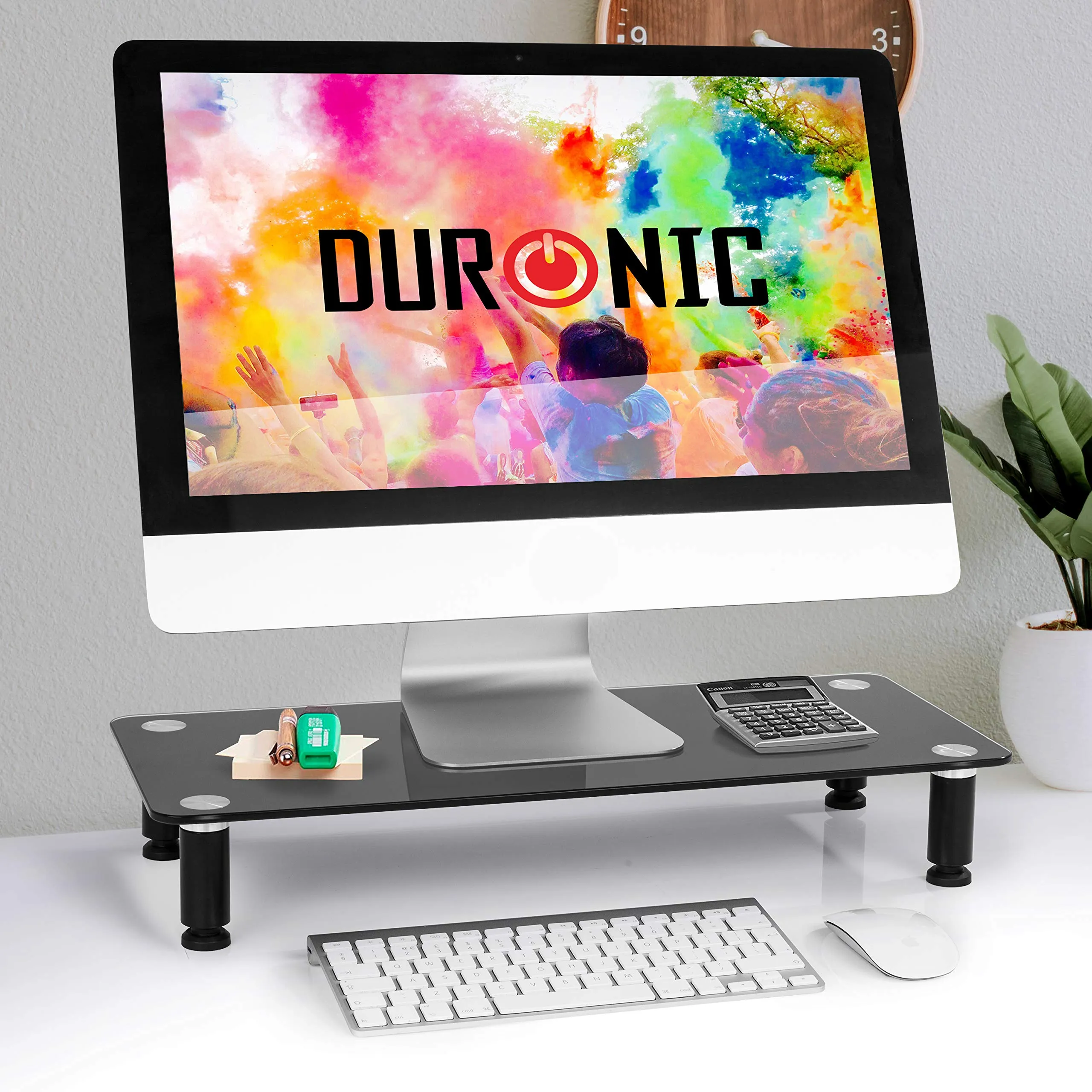 Duronic Monitor Stand Riser DM052-2 | Laptop and Screen Stand for Desktop | Black Tempered Glass | Support for a TV or PC Computer Monitor | Ergonomic Office Desk Shelf | 20kg Capacity | 56cm x 24cm