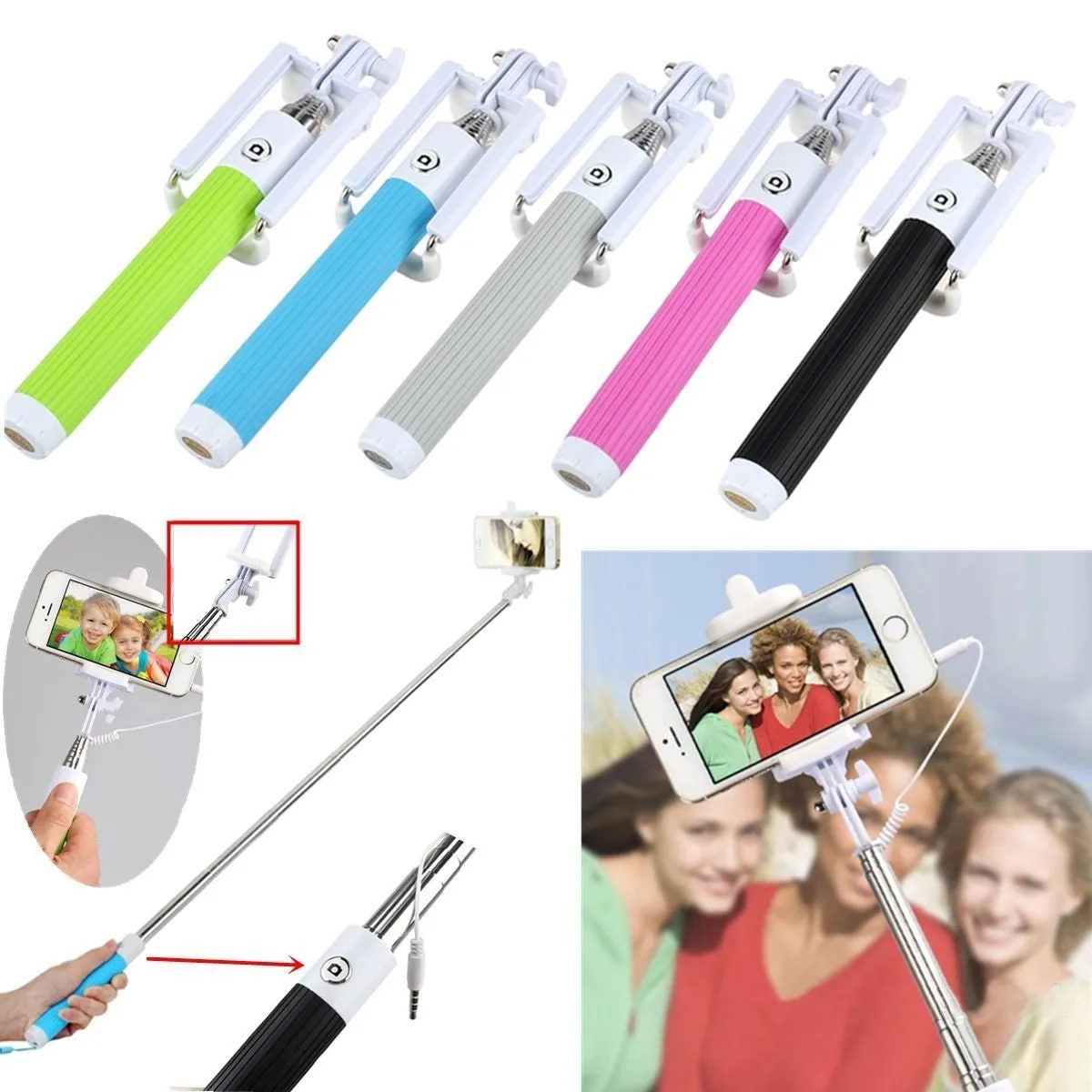 Fashion Extendable Wired Remote Shutter Selfie Stick Monopod For iPhone Smartphone - Pink