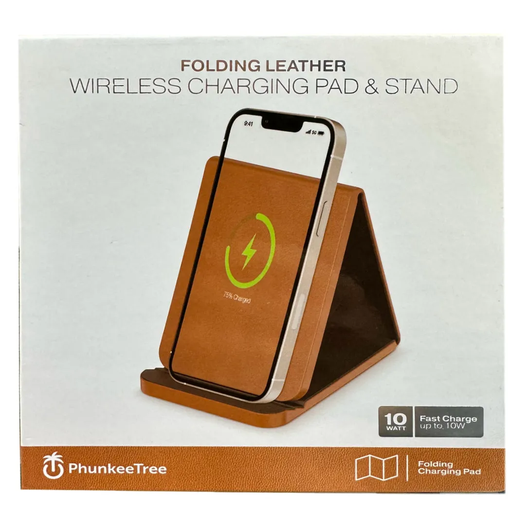 Folding Leather Wireless Pad And Charging Stand – Tan/Black