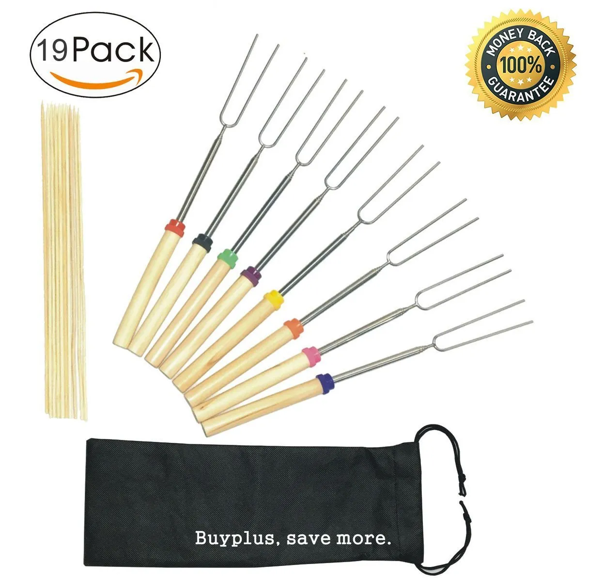 Marshmallow Roasting Sticks, Extendable BBQ Forks (8 Pack) by Buyplus Telescoping Barbecue Stainless Steel Grill Sticks with 10 Bamboo Skewers, Suitable for Fire Pit, Camping, Campfire, Free Bag