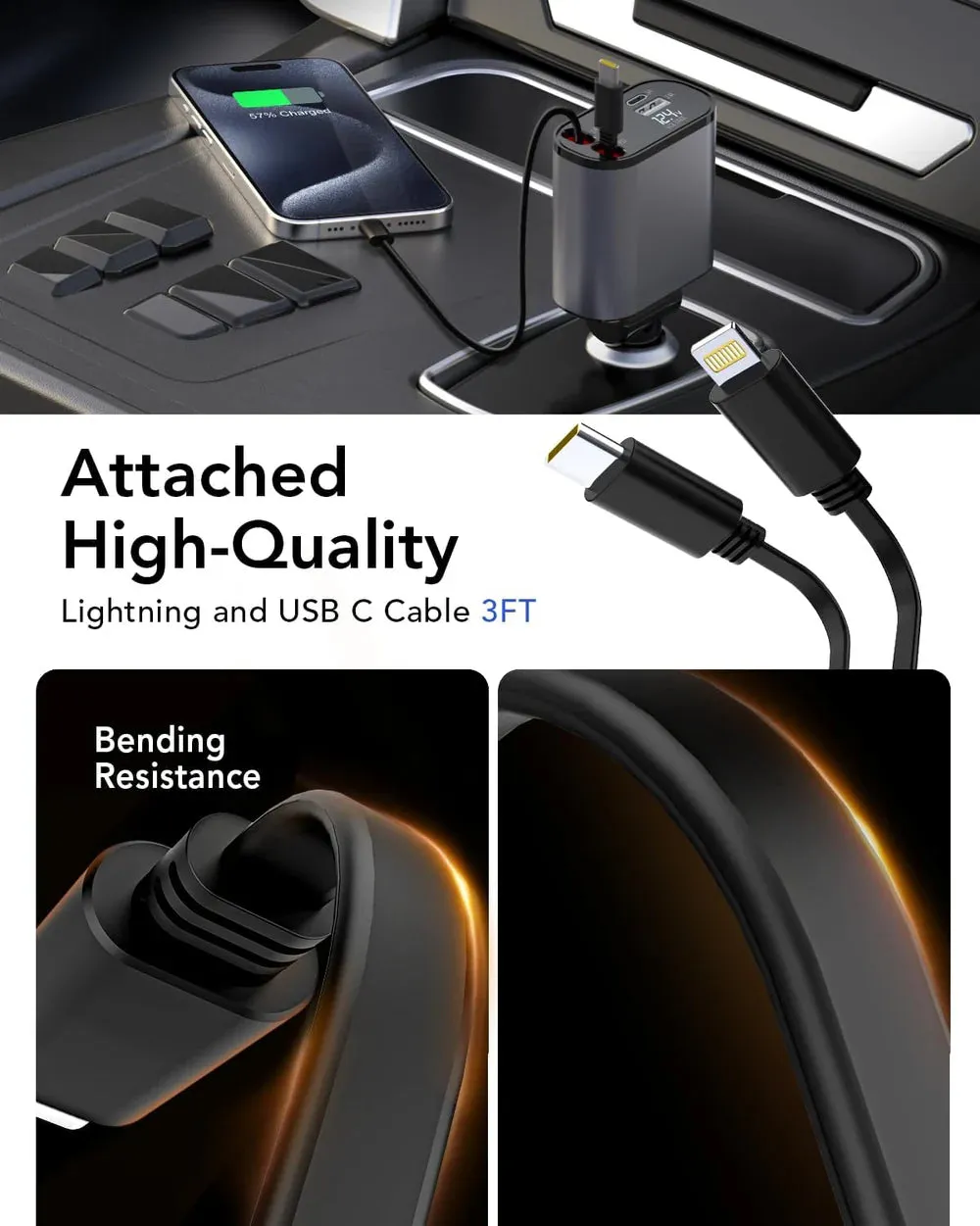 New 2025 Stock, 4 in 1 Retractable Car Fast Mobile Charger Type C Fast samsung charger iphone charger