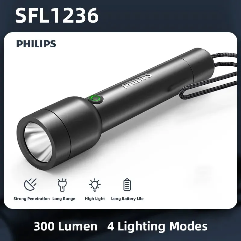 Philips LED Flashlight with USB Charging 18650 Battery 4 Lighting Modes Powerful Flashlight for Self Defense Camping