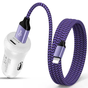 premium iPhone Fast Car Charger, 38W Dual Port Smart Power Rapid Charger with 6FT Lightning Braided Cable, PD/QC 3.0 Quick Car Charge Adapter Compatible for iPhone 14 13 12 11Pro/XS/XR/X/iPad(Purple)