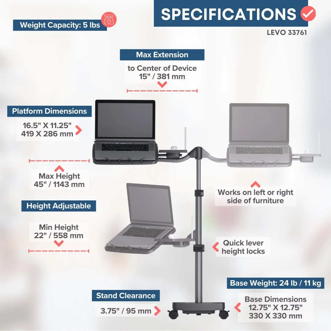 PRIOR MODEL LEVO G2 Deluxe Rolling Laptop Stand WITH Mouse Tray 22761