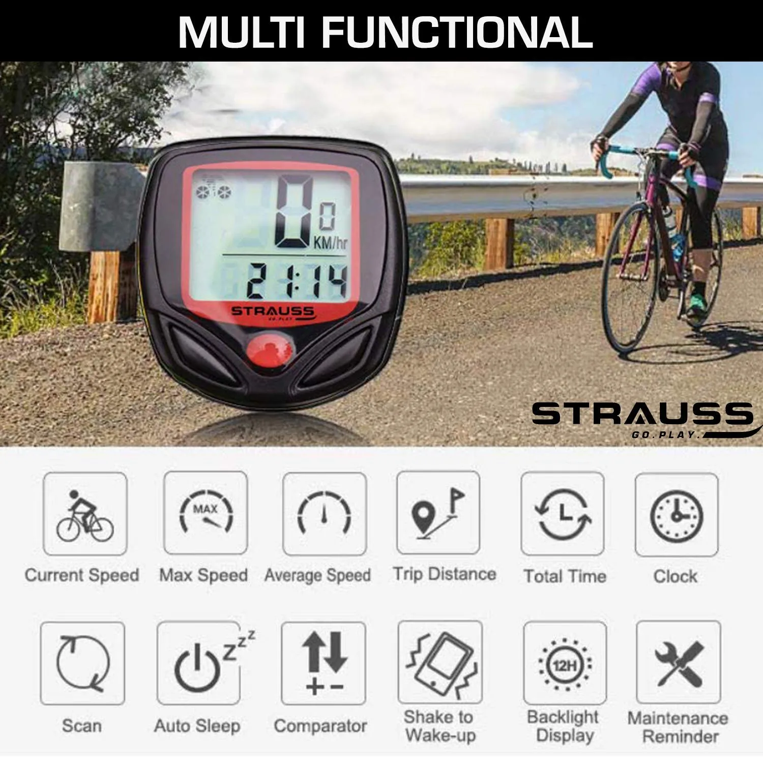 STRAUSS Bicycle Bottle Holder and Bicycle Speedometer, (Black/Red)