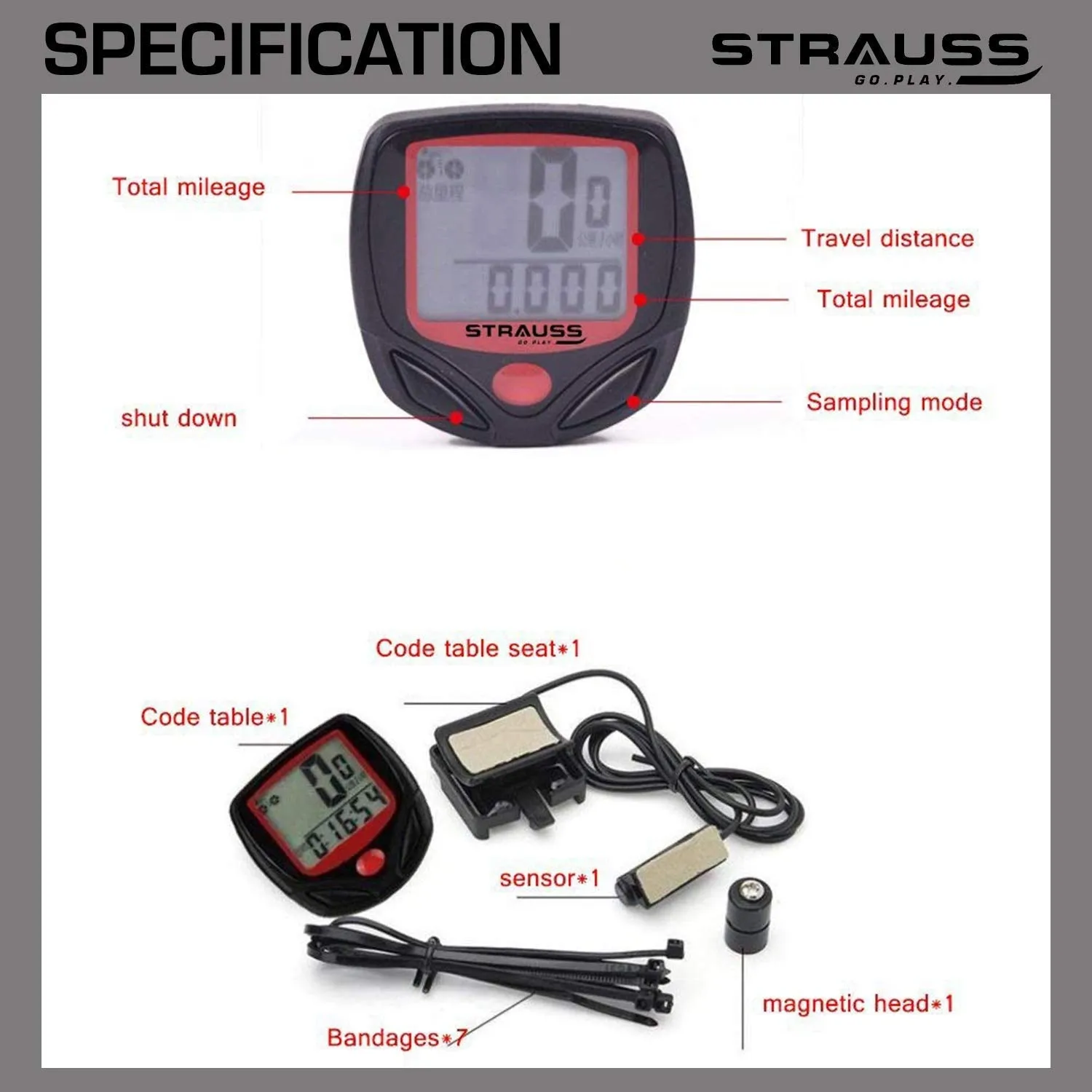 STRAUSS Bicycle Bottle Holder and Bicycle Speedometer, (Black/Red)