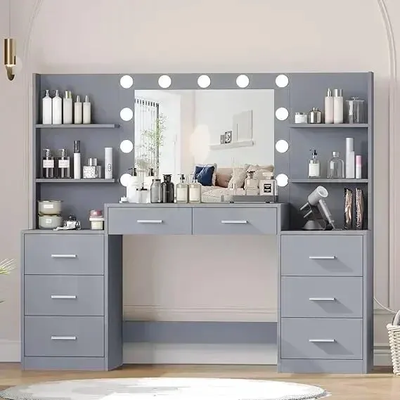 Vanity Desk with LED Mirror, Charging Station, and Storage Cabinet