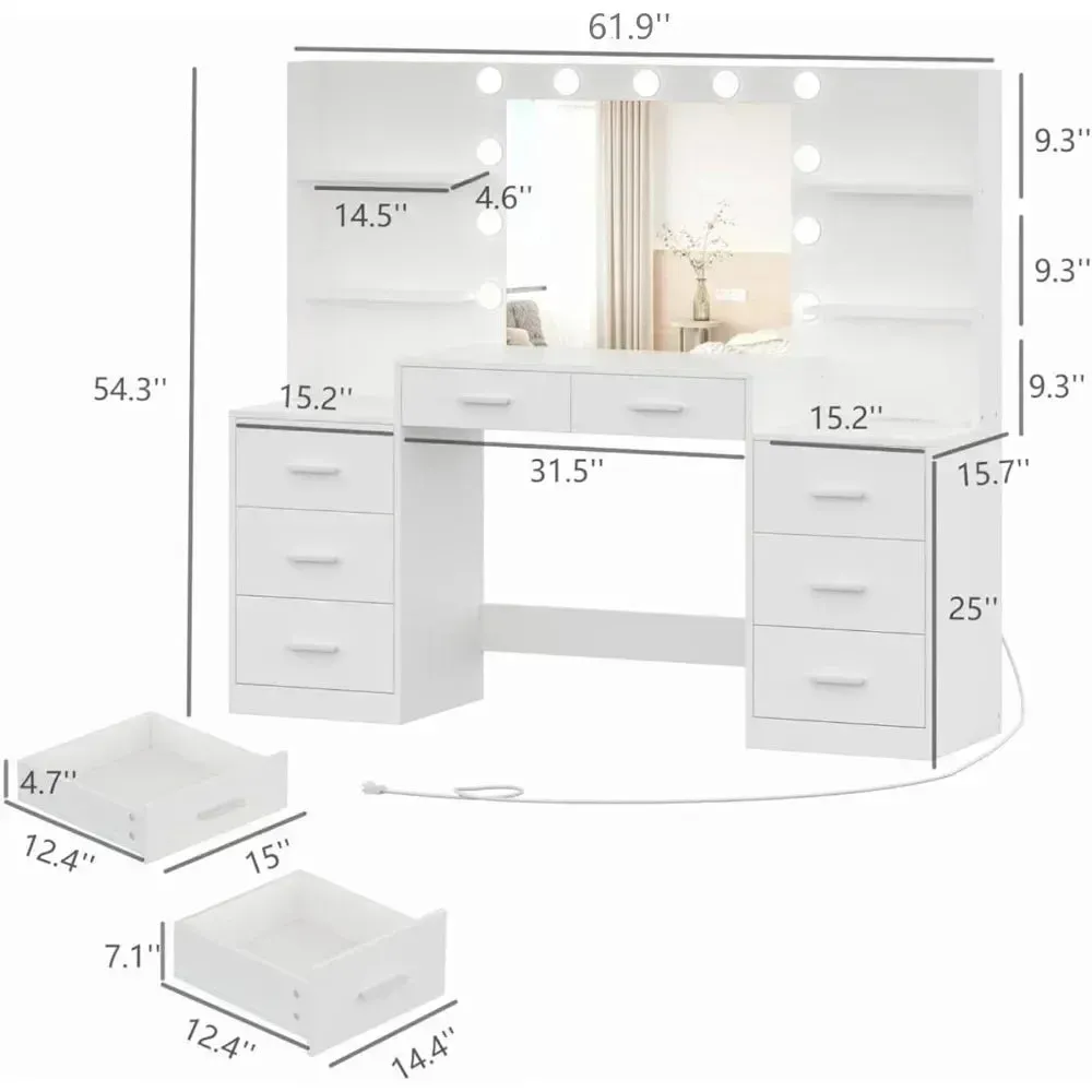 Vanity Desk with LED Mirror, Charging Station, and Storage Cabinet