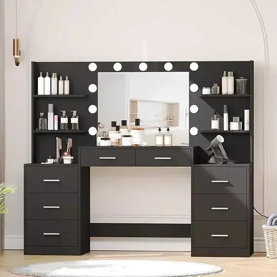 Vanity Desk with LED Mirror, Charging Station, and Storage Cabinet