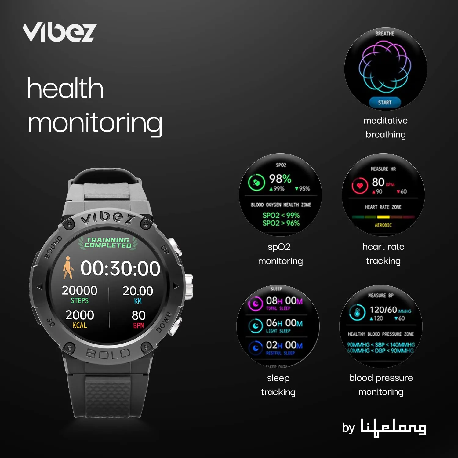 Vibez by Lifelong Bold Smartwatch For Men Bluetooth Calling 1.32" HD Display|24x7 Heart Rate & SpO2 Tracking|Sports Mode|Sleep Monitor|IP67|7 days Battery Backup (VBSWM999, 1 Year Manufacturer Warranty, Black)