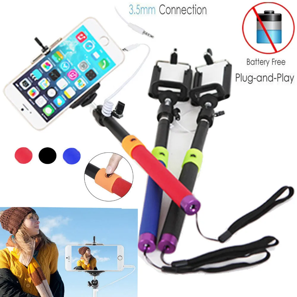 Wired 3.5mm With Sponge Anti Slip Remote Extendable Shutter Selfie Monopod Stick Blue Purple