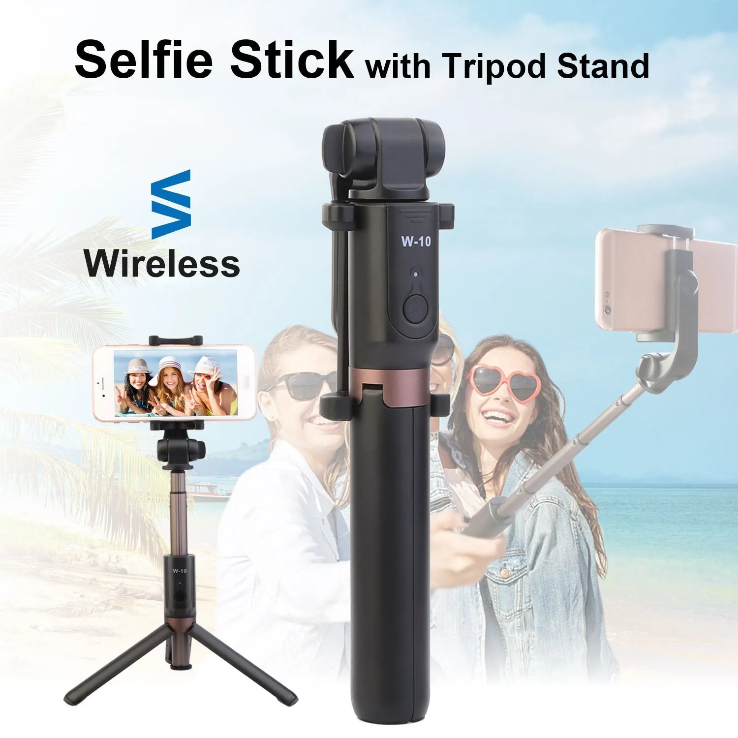 Wireless Selfie Stick Extendable Phone Camera Stick Tripod w/ Detachable Rechargeable Remote Shutter