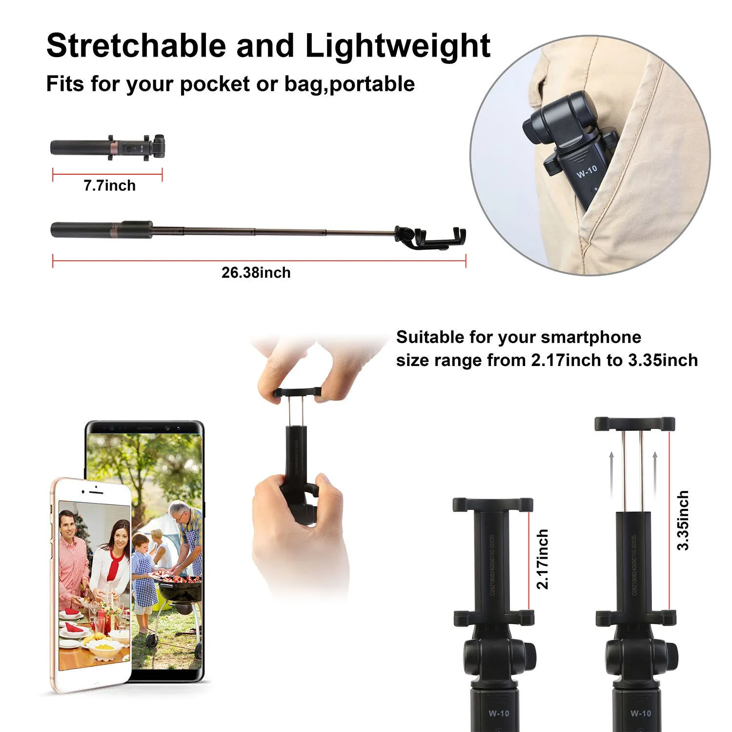 Wireless Selfie Stick Extendable Phone Camera Stick Tripod w/ Detachable Rechargeable Remote Shutter