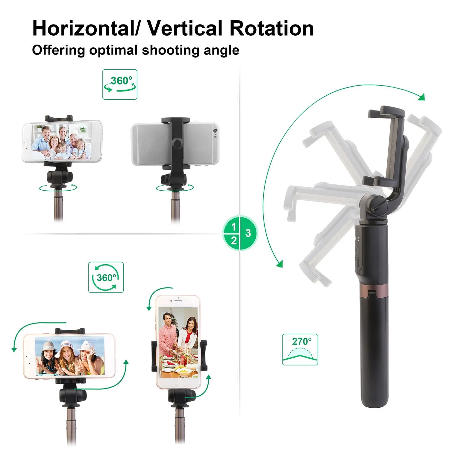 Wireless Selfie Stick Extendable Phone Camera Stick Tripod w/ Detachable Rechargeable Remote Shutter