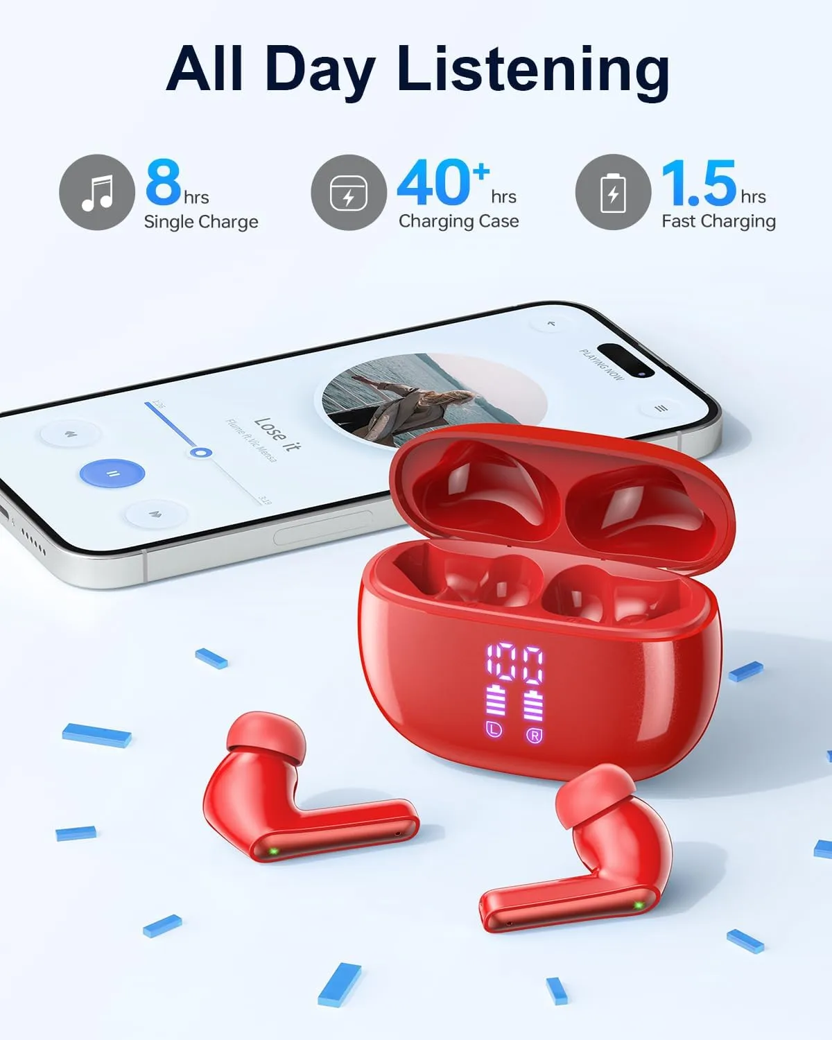 YAQ Wireless Earbuds 40H Battery, IPX5, LED Display